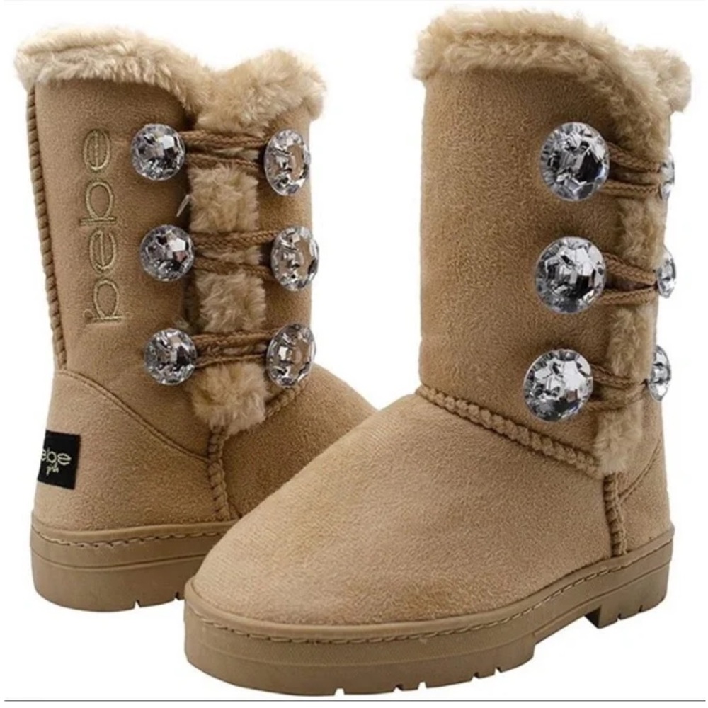 Brand New Tan Bebe Rhinestone Button Faux Fur Lined Boots Toddlers Size 5